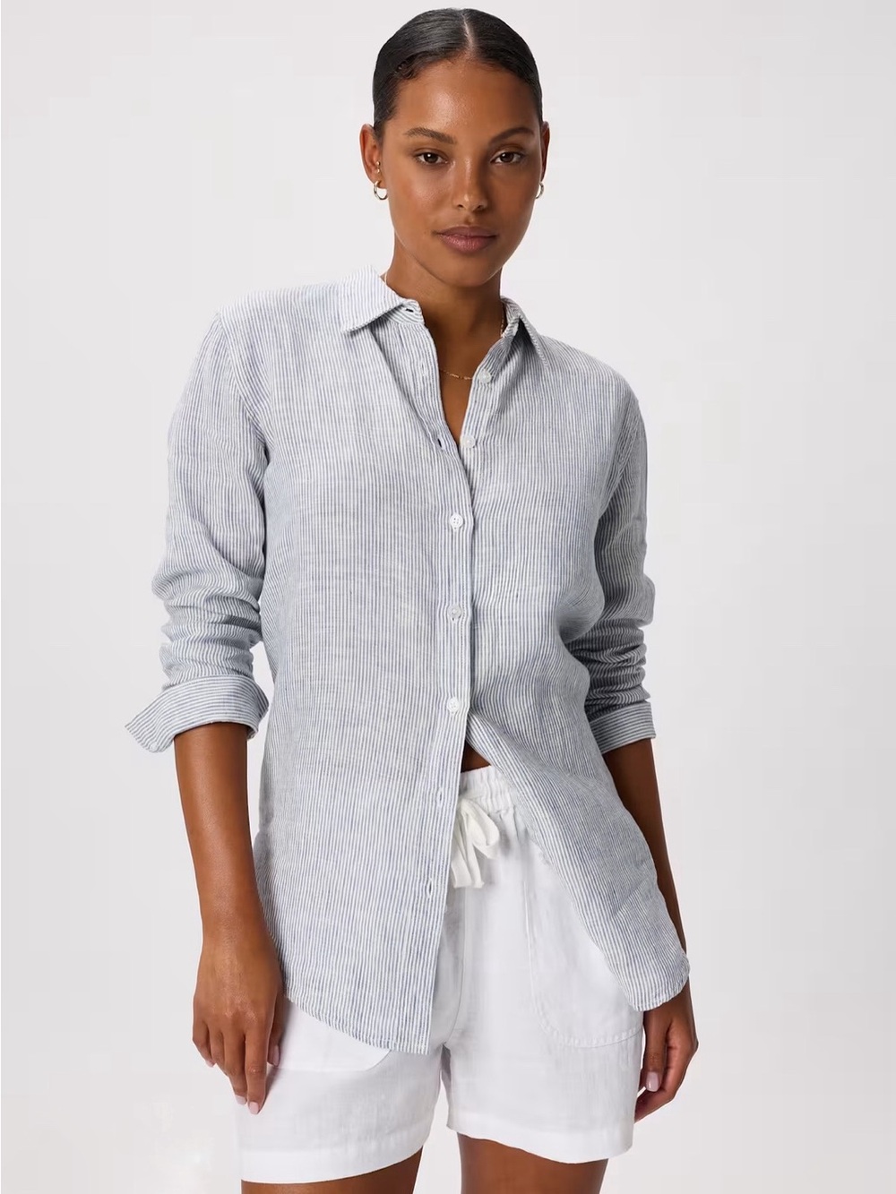 Quince 100% European Linen Blue Pinstripes Long Sleeve Shirt Size Medium